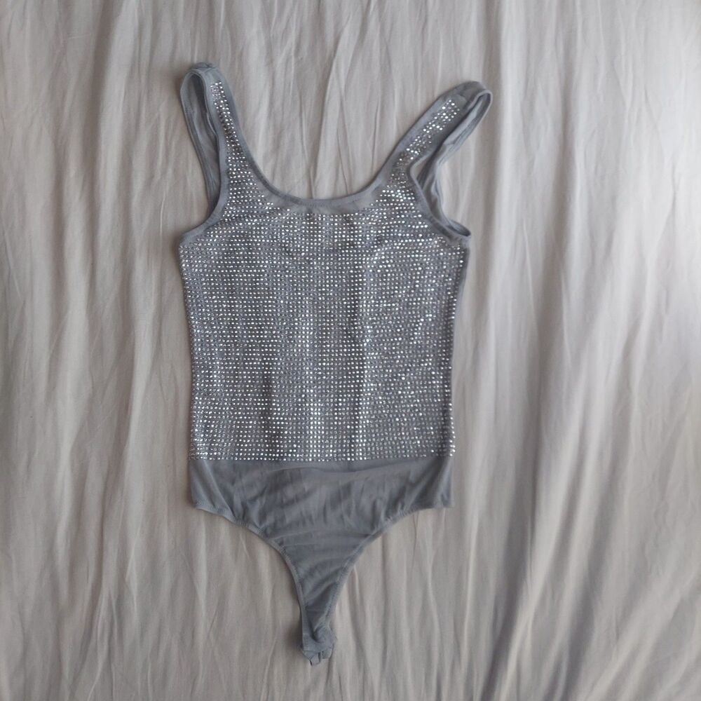 Women's Sheer Grey Mesh Rhinestone Bodysuit